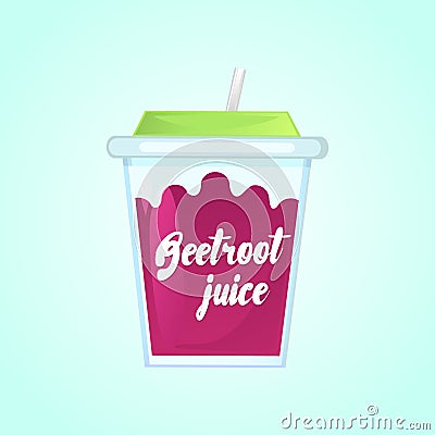 A glass of fresh beetroot juice in a glass bowl with a straw. Cartoon Illustration