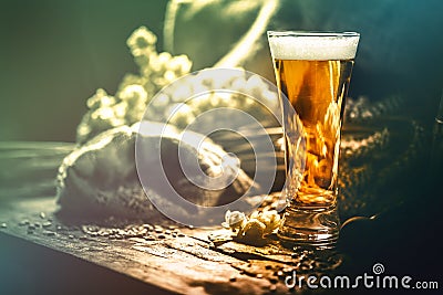 Glass of fresh cold beer in rustic setting. Food and beverage ba Stock Photo