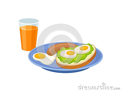 Glass of fresh juice, tasty sandwich, fried egg and sausage on blue plate. Delicious breakfast. Flat vector design Vector Illustration