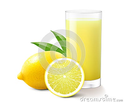 Glass of fresh lemonade with whole and piece of lemon. Juicy citrus with leaves, isolated on white background. Smoothies of lemon Vector Illustration