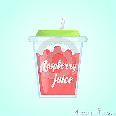 A glass of fresh raspberry juice in a glass bowl with a straw. Cartoon Illustration