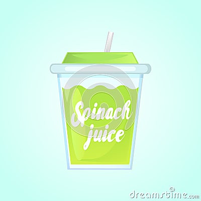 A glass of fresh spinach juice in a glass bowl with a straw. Cartoon Illustration