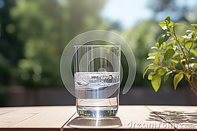 Glass of fresh water on light grey table outdoors, closeup Stock Photo