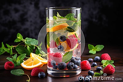 glass of fruit-infused water with floating pieces of fruit and mint leaves Stock Photo