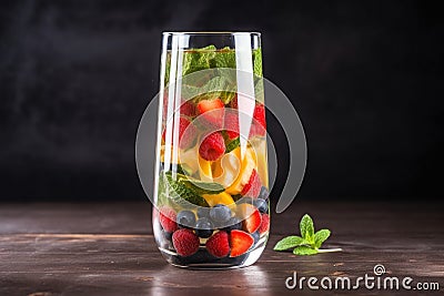 glass of fruit-infused water with floating pieces of fruit and mint leaves Stock Photo