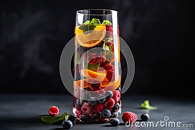 glass of fruit-infused water with floating pieces of fruit and mint leaves Stock Photo