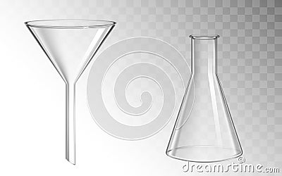 Glass funnel and flask, glassware for chemical lab Vector Illustration