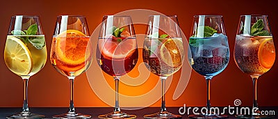 Glass glasses with different drinks on a bright background Stock Photo
