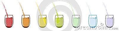 Glass glasses with drinks of different colors. A rainbow colored liquid pours out Vector Illustration