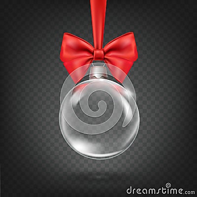 Glass globe bow. Christmas ball with red ribbon, xmas tree bauble toy, 3d transparent sphere hanging holiday clear Vector Illustration