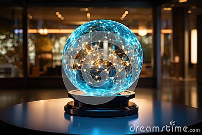 a glass globe containing a circular network of nodes representing a neural network Cartoon Illustration