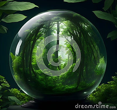 Glass globe encircled by verdant forest flora plants Stock Photo