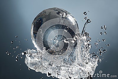 Glass globe planet in drop water splash on blue background Stock Photo