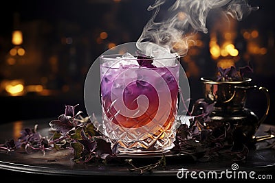 A glass goblet with a creative colored Halloween-style cocktail in a light haze. Stock Photo