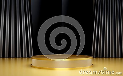 Glass and gold podium with black opening curtain. Stand to show products. Stock Photo