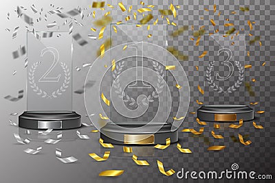 Glass golden, silver and bronze winner podium plate with falling confetti on transparent background. Vector illustration Vector Illustration