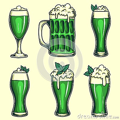 Glass green beer set collection vector illustration Vector Illustration