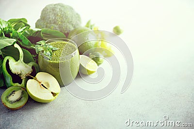 Glass with green health smoothie. Copy space. Vegan, vegetarian concept. Alkaline food Stock Photo