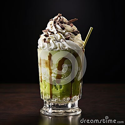 a glass with a green and white drink with whipped cream and chocolate Stock Photo