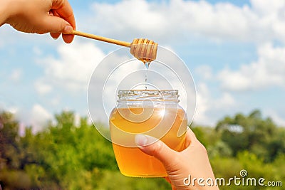 Glass honey pot in hands. Stock Photo