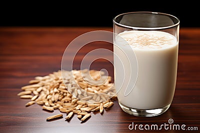 glass of horchata with rice grains in foreground Stock Photo