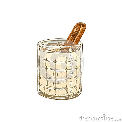 Glass horchata with stick cinnamon. Vector vintage hatching Vector Illustration