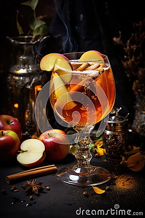 Glass of hot Christmas winter punsh with spices and citrus on the dark background Stock Photo