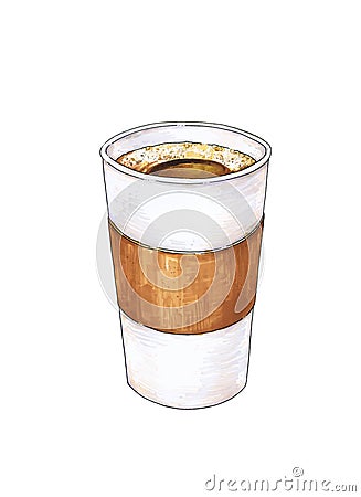 Glass of hot coffee is isolated on a white background. Color drawing markers. Handwork sketch. Vector cup coffee illustration Vector Illustration