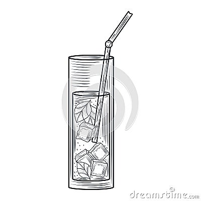 Glass with ice leaf and straw, cocktail and alcohol drink, thin line style icon Vector Illustration