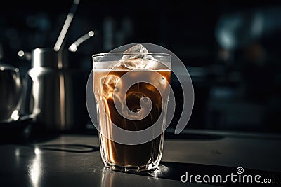 Glass of iced cafe latte on dark background, created using generative ai technology Stock Photo