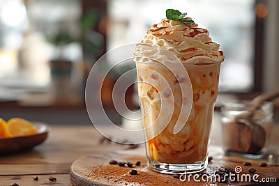 Glass of iced coffee with cream topping on garden Stock Photo
