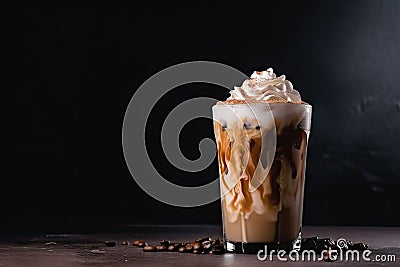 glass of iced coffee latte with swirl of whipped cream and sprinkle of cinnamon Stock Photo