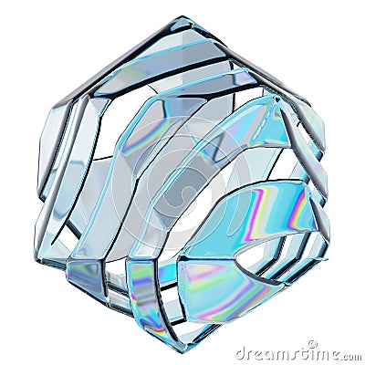 glass icosphere crystal figure made of iridescent glass spilling in waves, blue tint, refraction of light,polygon, isolated Stock Photo