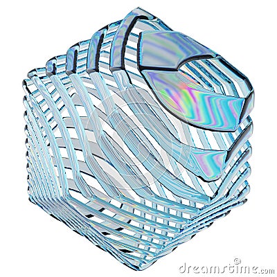 glass icosphere crystal figure made of iridescent glass spilling in waves, blue tint, refraction of light,polygon, isolated Stock Photo