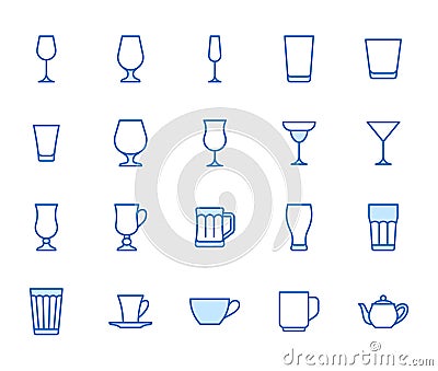 Glass illustration including icons - beer mug, whiskey shot, wineglass, teapot minimal vector illustration. Simple thin Vector Illustration