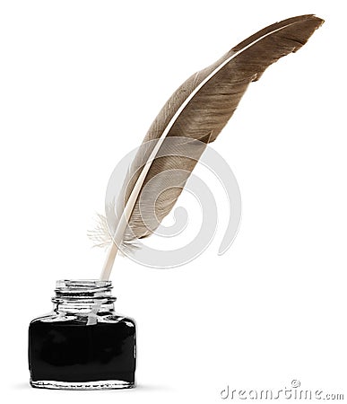 Feather quill pen and glass inkwell isolated on a Stock Photo