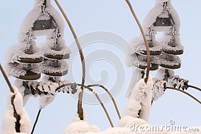 Glass insulator on the power line. Insulator of electrical high-voltage lines Stock Photo