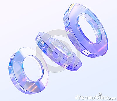 Glass iridescent rings with hologram gradient texture 3d render. Flying abstract geometric shapes, rainbow crystal Cartoon Illustration