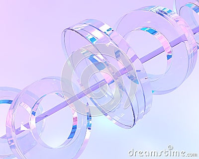 Glass iridescent rings with line in motion rotation 3d render. Rainbow circle geometric shapes, abstract crystal Cartoon Illustration