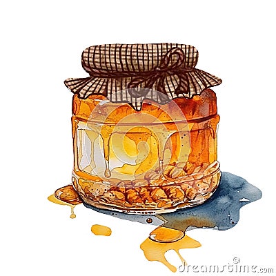 Glass jar with amber colored honey, watercolor illustration, Cartoon Illustration