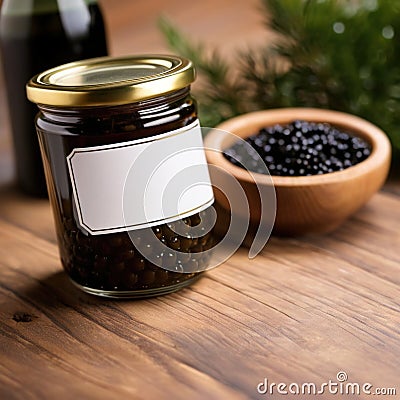 Glass jar of caviar fish eggs, empty blank generic product packaging mockup Stock Photo