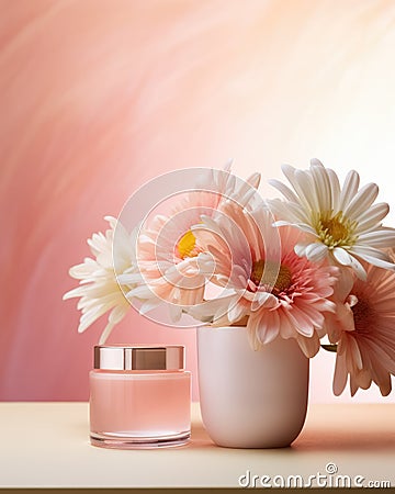 Glass jar of face cream stands on white table next to vase with large bouquet blossoming gerberas on pink background Stock Photo