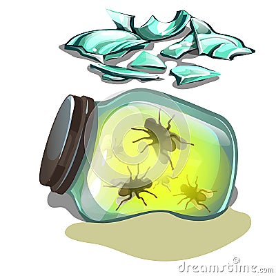 Glass jar with flies lying in the sand. Fragments of broken glass isolated on white background. Vector cartoon close-up Vector Illustration