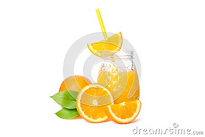 Glass jar with fresh orange juice and tubule, oranges with leaves isolated on white background Stock Photo