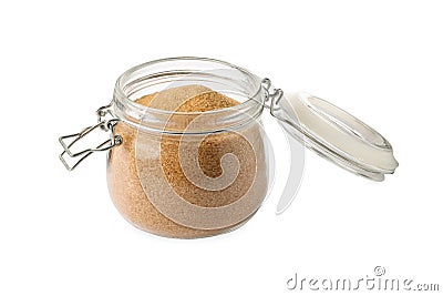 Glass jar of granulated brown sugar isolated on white Stock Photo