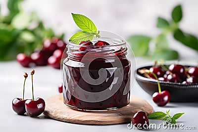 Glass jar with homemade marmalade or jam with fresh cherry fruits Stock Photo