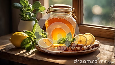 Glass jar with honey, lemon on the table Stock Photo