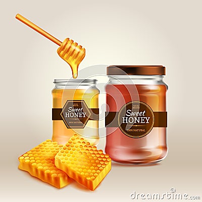 Glass Jar Honey Realistic Background Vector Illustration