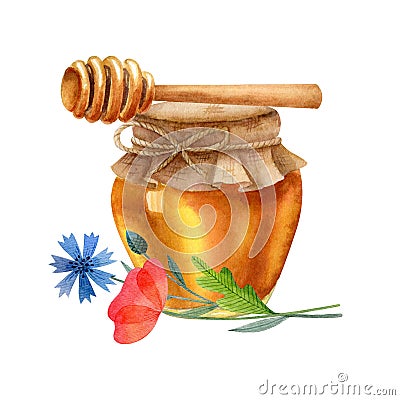 Glass jar of honey,wooden honey spoon,cornflower and poppy Cartoon Illustration