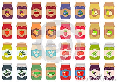 Glass jar with jam. Jars with labels fruit jam. Autumn harvesting and canning set. Jars with pickled and canned vegetables. Vector Vector Illustration